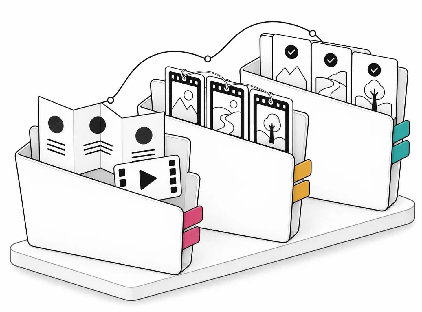 Three folders with coloured index tabs bring together validated scenarios, videos and guides.