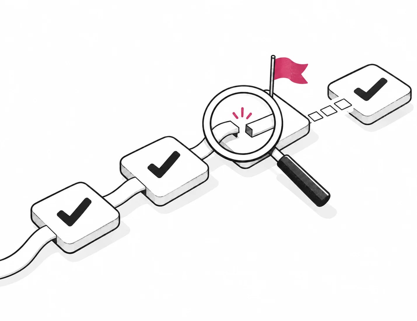 A magnifying glass reveals a break in a test journey, marked with a magenta flag.