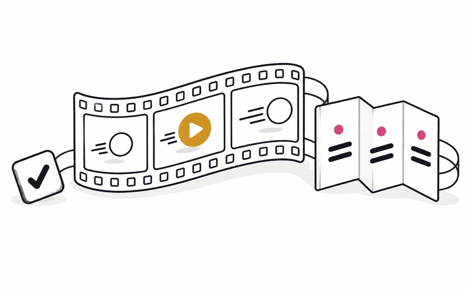 A white filmstrip with a gold play button sits beside an unfolding step-by-step guide.